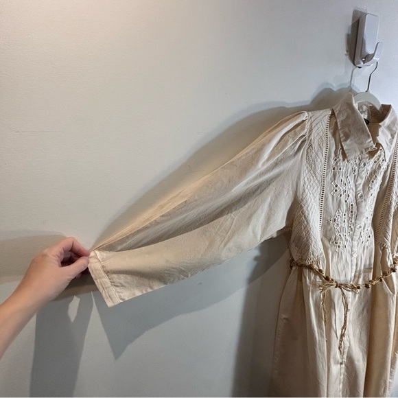 ZARA Sz L Collared Cream Shirt Dress Eyelet Lace Front Puff Sleeves Beaded Belt - Picture 6 of 14